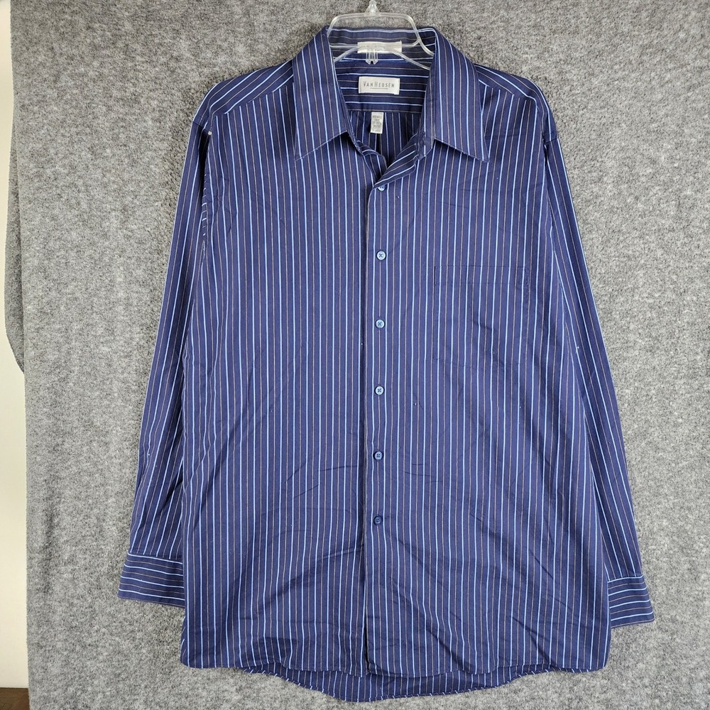 Van Heusen Shirt Mens XL Wrinkle Free Broadcloth Navy Blue Striped EUC